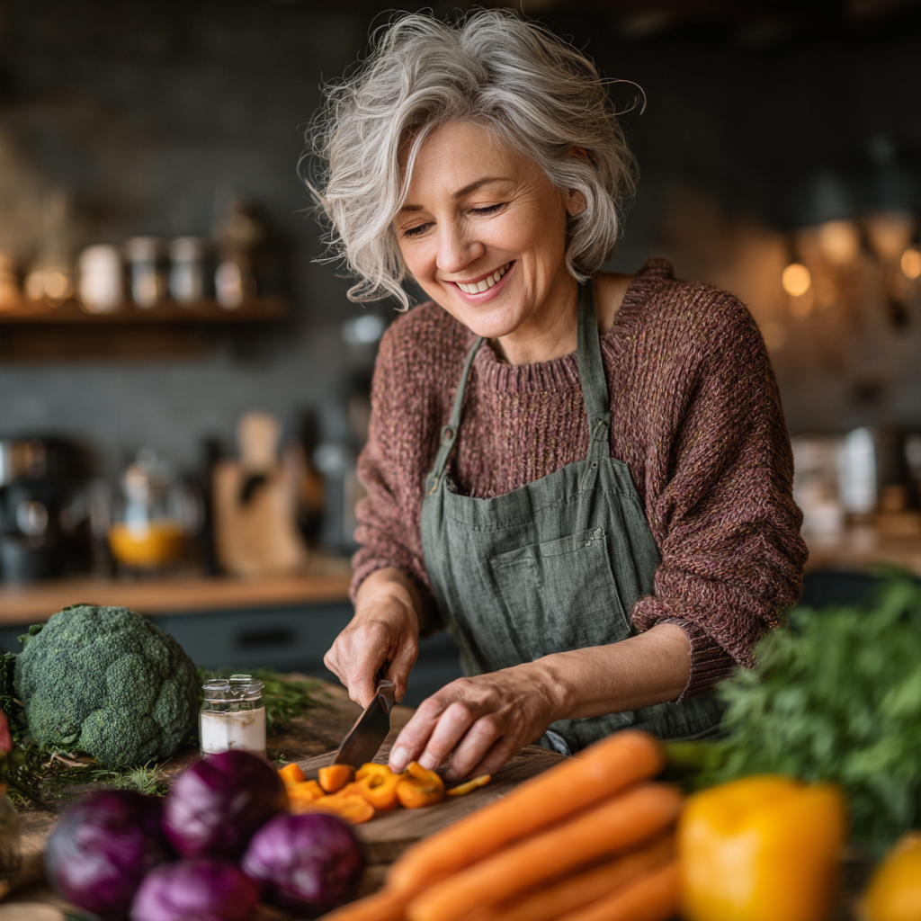 Mature woman in her 40s preparing fresh healthy meal in modern kitchen, smiling while chopping colorful vegetables
